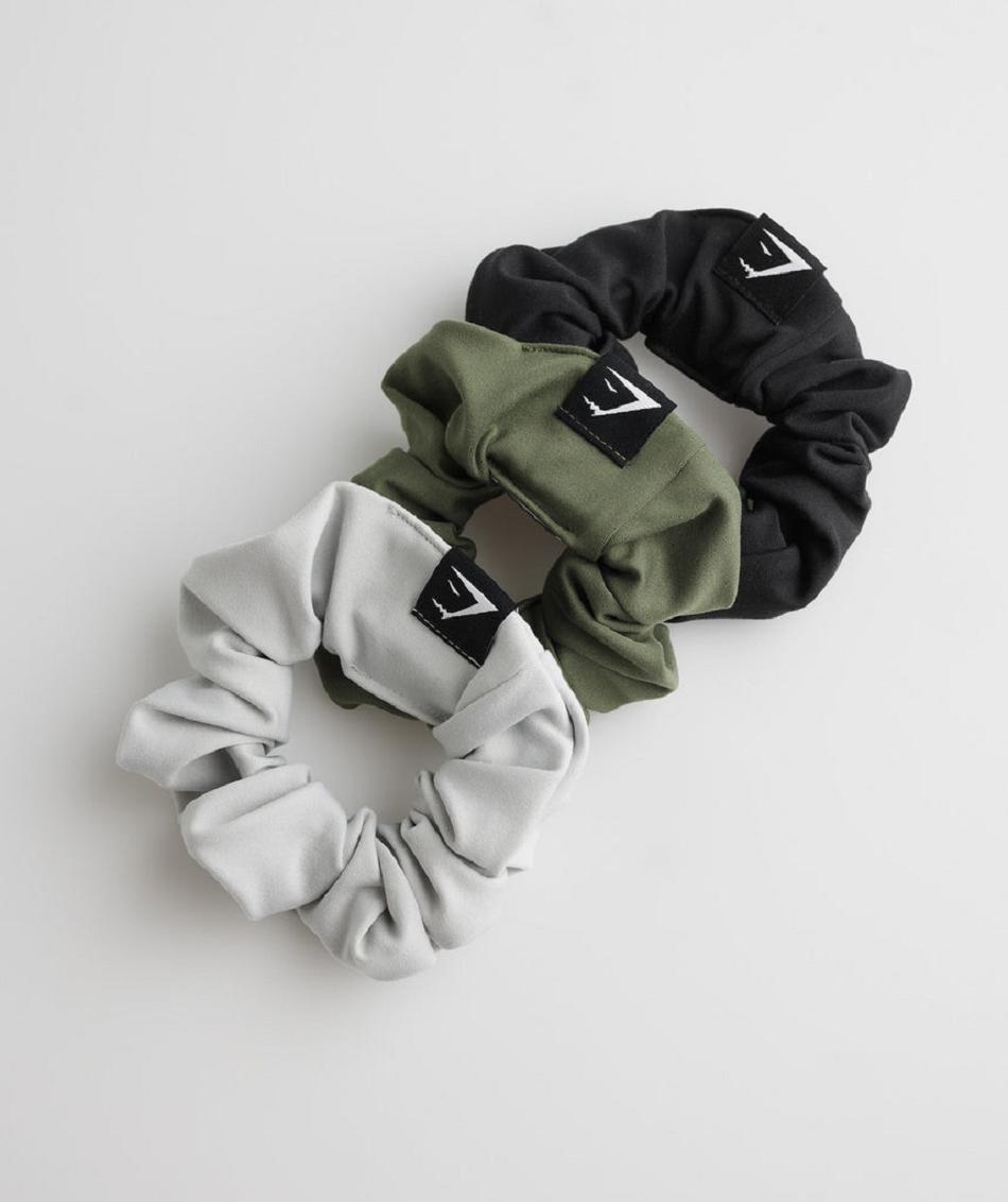 Ekwipunek Damskie Gymshark Scrunchies 3Pk Czarne Oliwkowe Głęboka Szare | PL 2049EBC